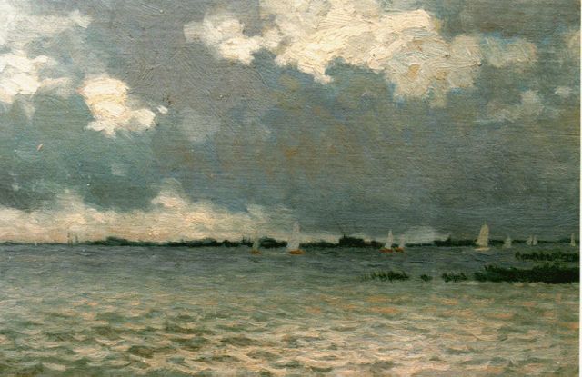 Schotel A.P.  | Sailing vessels on a lake, oil on canvas laid down on panel 24.6 x 38.3 cm, signed l.l.