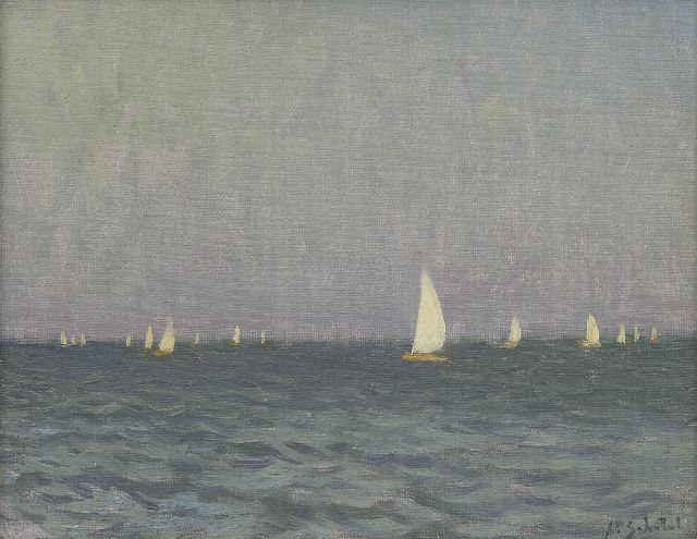 A.P. Schotel | Ships of the Pampus Class sailing on the Loosdrecht lakes, oil on canvas laid down on panel, 23.0 x 29.0 cm, signed l.r.