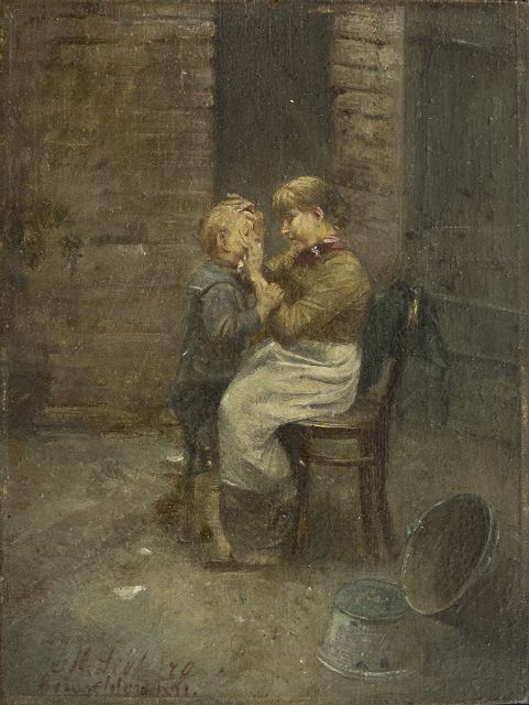 Lieberg M.  | Mother's care, oil on panel 12.0 x 9.0 cm, signed l.l. and 'Düsseldorf' 1891
