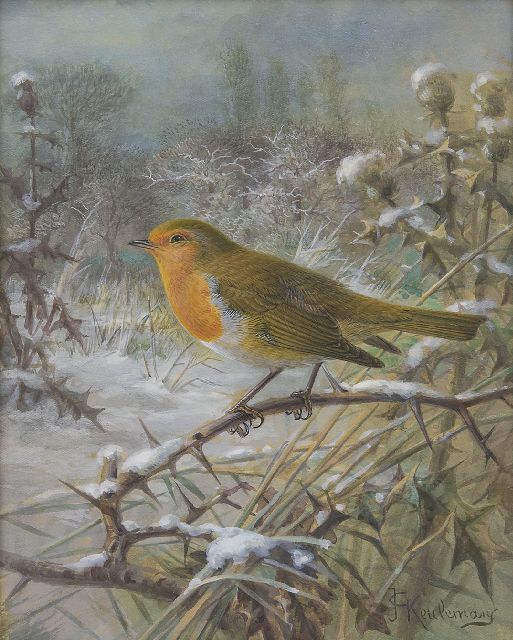 Keulemans J.G.  | A robin in a snowy landscape, gouache on paper 21.5 x 17.0 cm, signed l.r.