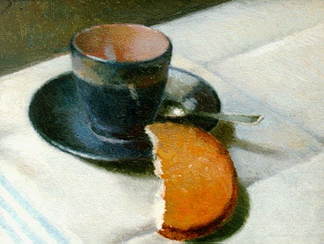 Schotel A.P.  | Still life with cup and saucer, oil on canvas laid down on panel 24.0 x 30.0 cm, signed u.l.