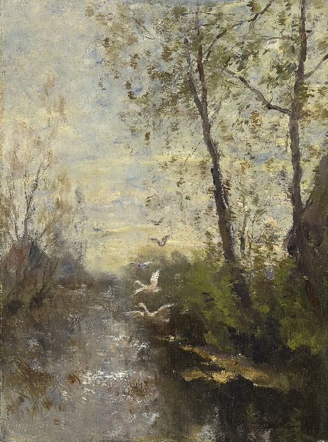Willem Maris | Willows and ducks flying up, oil on canvas, 40.3 x 29.9 cm, signed l.r. and painted ca. 1890-1900