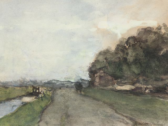 Weissenbruch H.J.  | Landscape near 'Cromvliet' along the 'Vliet', Rijswijk; on the reverse: Sailing ship at sea, watercolour on paper 31.9 x 43.0 cm, signed l.r.