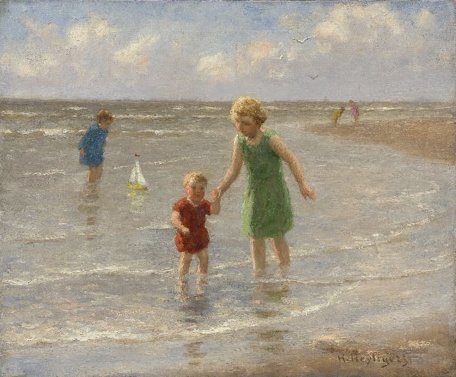 Henri Heijligers | Children paddling along the beach, oil on canvas, 38.1 x 46.0 cm, signed l.r.