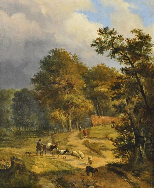 Verwee L.P.  | A shepherd and flock on a wooded path, oil on panel 33.9 x 27.7 cm