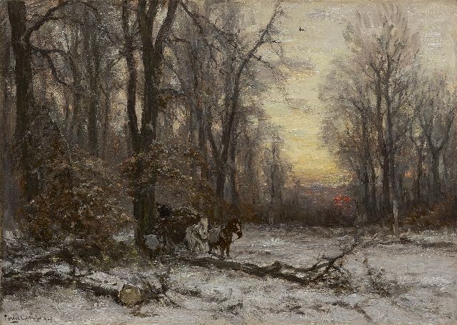 Louis Apol | A forest in winter with a horse drawn cart, oil on canvas, 50.4 x 70.5 cm, signed l.l. and dated 1927