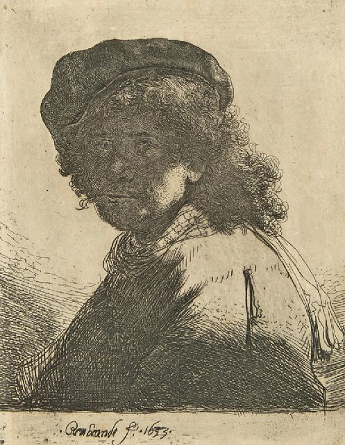 Rembrandt | Self-portrait in a velvet cap and scarf, etching on paper, 13.2 x 10.3 cm, signed l.c. in the plate and dated 1633 in the plate