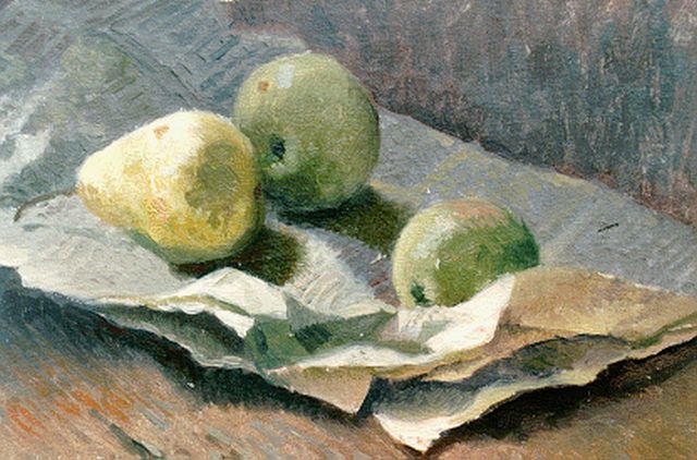 A.P. Schotel | Still life of two apples and a pear, oil on canvas laid down on panel, 23.4 x 32.8 cm, signed l.l.
