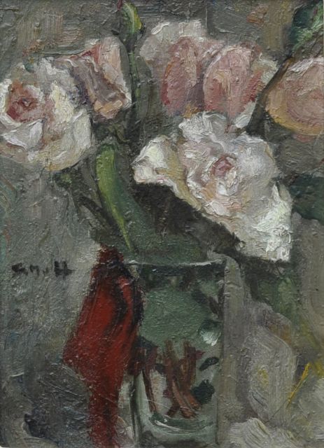 Mesdag-van Houten S.  | Roses in a vase, oil on board 17.9 x 13.0 cm, signed c.l. with initials