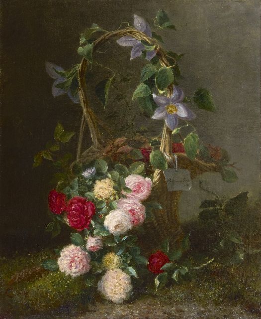 Maria van der Voort in de Betouw-Nourney | Roses in an ornamental basket, oil on canvas, 79.5 x 66.5 cm, signed c.r. on a painted label and dated 1885