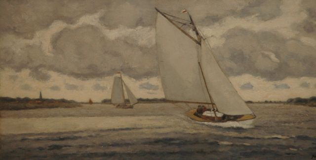 Regt P. de | Sailing boats on a Dutch lake, oil on canvas 40.2 x 80.5 cm, signed l.r.