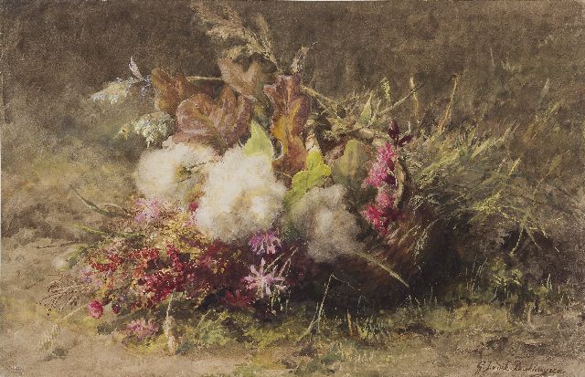 Sande Bakhuyzen G.J. van de | Autumn flowers in a basket on the forest soil, watercolour on paper 33.8 x 52.3 cm, signed l.r.