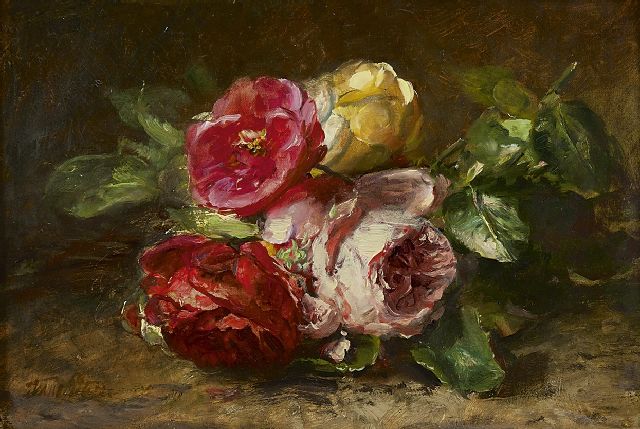 Anna Peters | Roses on the forest ground, oil on canvas, 21.5 x 31.5 cm, signed l.l.