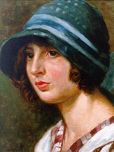 Geijp A.M.  | A young woman with a blue hat, 30.3 x 23.4 cm, signed l.l. with monogram