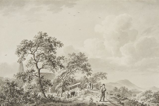 Barend Cornelis Koekkoek | Land folk on a sandy path near a village, pen, brush and ink on paper, 17.5 x 26.0 cm, signed l.l.