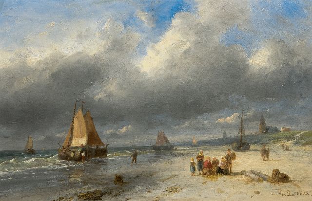 Leickert C.H.J.  | Bringing in the catch, Scheveningen, oil on panel 25.8 x 40.3 cm, signed l.r.