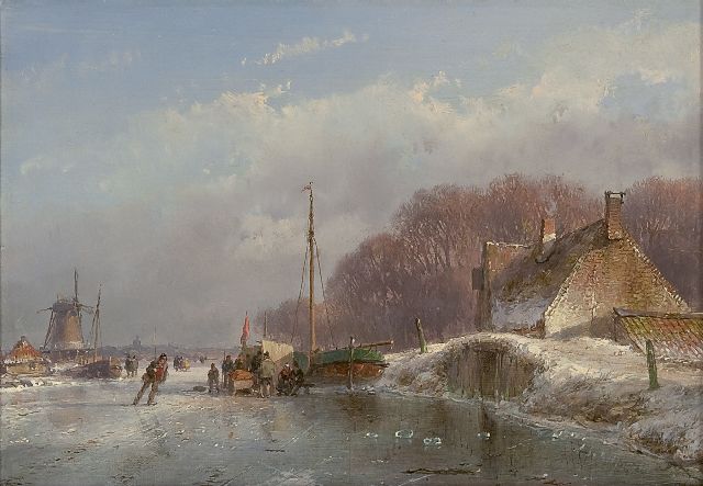 Schelfhout A.  | A winter landscape with a koek-en-zopie, oil on panel 17.0 x 24.1 cm, signed l.r. and painted circa 1860