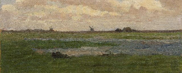 Constan Gabriel | A polder landscape with windmills in the distance, oil on canvas laid down on panel, 16.0 x 38.0 cm