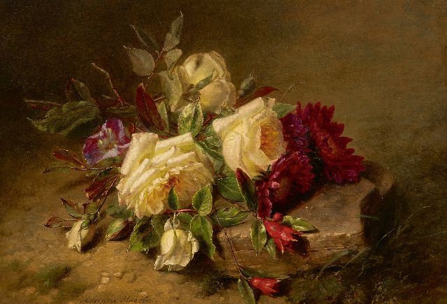 Haanen A.J.  | Roses and chrysanthemums on the forest soil, oil on panel 25.5 x 36.0 cm, signed l.l.