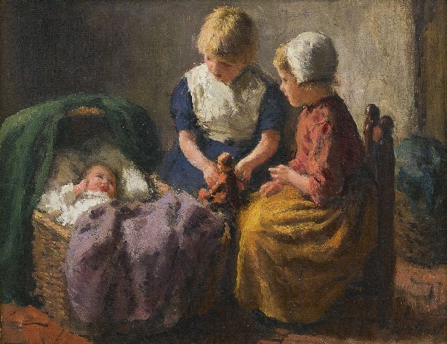 Bernard Pothast | Two girls and a baby, oil on canvas, 20.4 x 25.7 cm, signed l.r.