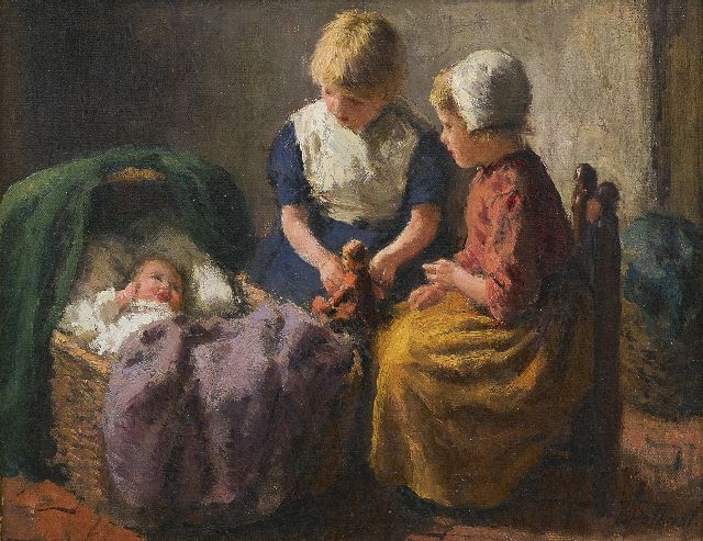 Pothast B.J.C.  | Two girls and a baby, oil on canvas 20.4 x 25.7 cm, signed l.r.