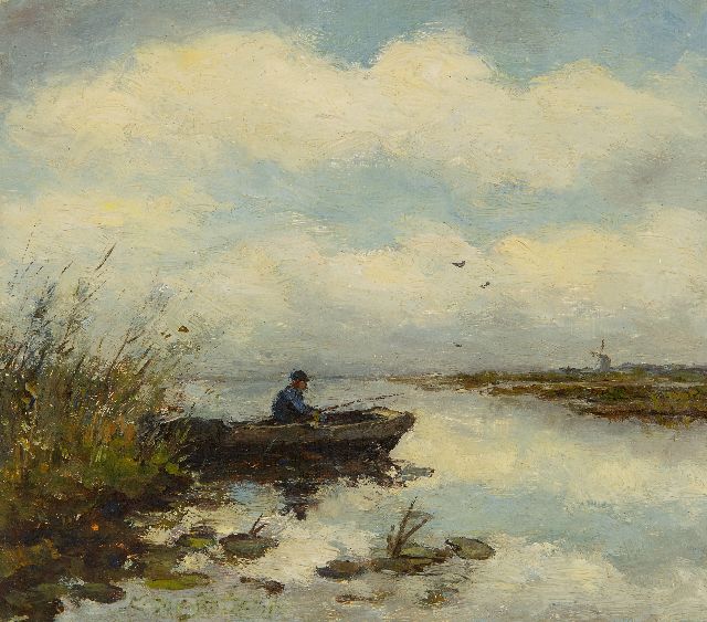 Weissenbruch H.J.  | A fisherman in a barge in a polder landscape, oil on panel 16.2 x 18.2 cm, signed traces of signature c.l.