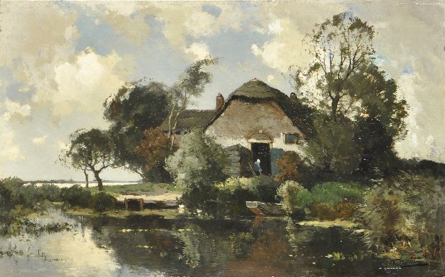 Driesten A.J. van | A farmhouse by the water, oil on panel 39.8 x 64.1 cm, signed l.r.