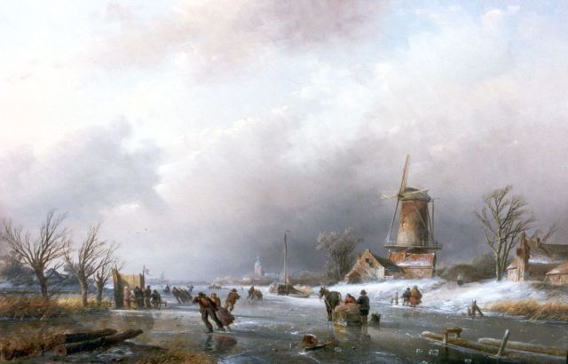 Spohler J.J.  | A winter landscape with skaters and a 'koek en zopie', oil on panel 41.6 x 62.0 cm, signed l.r.