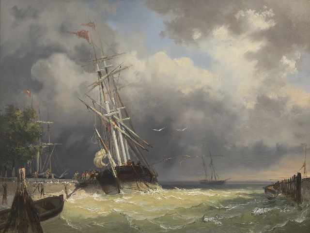 Frans Arnold Breuhaus de Groot | A threemaster entering the harbour in a storm, oil on panel, 44.4 x 59.5 cm