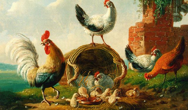Albertus Verhoesen | A rooster and chickens in a landscape, oil on panel, 17.8 x 25.2 cm, signed l.l. and dated 1873