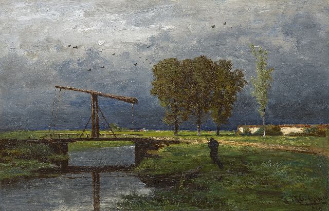 Paul Joseph Constantin Gabriel | Landscape with drawbridge on a rainy day, oil on panel, 21.1 x 31.4 cm, signed l.r. and dated '69
