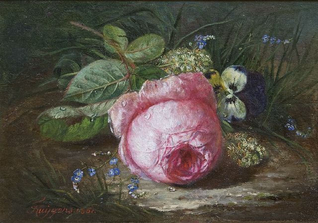 Huygens F.J.  | A rose and wild flowers on the forest soil, oil on panel 18.9 x 26.1 cm, signed l.l. and dated 1861