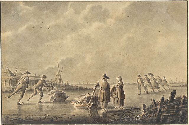 Andreas Schelfhout | Skaters and sledges on a frozen waterway, pen, brush and ink on paper, 13.8 x 20.9 cm, signed l.l. and ca. 1805-1810