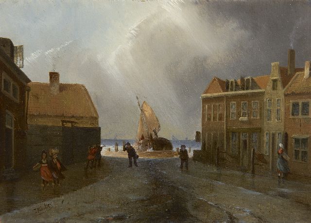 Bles J.  | A Dutch fishing village in stormy weather, oil on panel 15.9 x 22.0 cm, signed l.l.