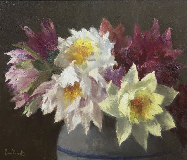 Chris van der Windt | Dahlias, oil on panel, 29.5 x 34.8 cm, signed l.l.