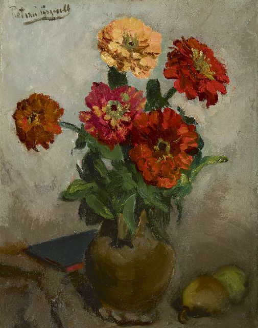 Piet van Wijngaerdt | Zinnia's, oil on canvas, 50.7 x 41.0 cm, signed u.l.