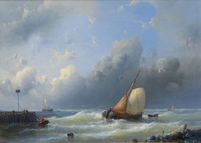 Hulk A.  | A sailing cargo ship near the harbour entrance, oil on panel 31.9 x 44.1 cm, signed l.l.