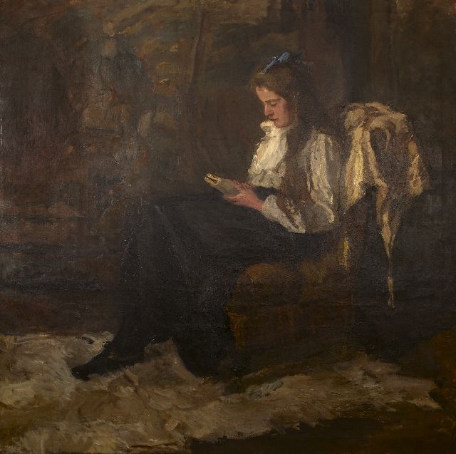 Houten B.E. van | Girl with a blue ribbon reading, oil on canvas 162.5 x 163.0 cm