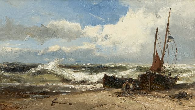 Koekkoek jr. H.  | Mending the nets in stormy weather, oil on panel 18.8 x 33.0 cm, signed l.l.