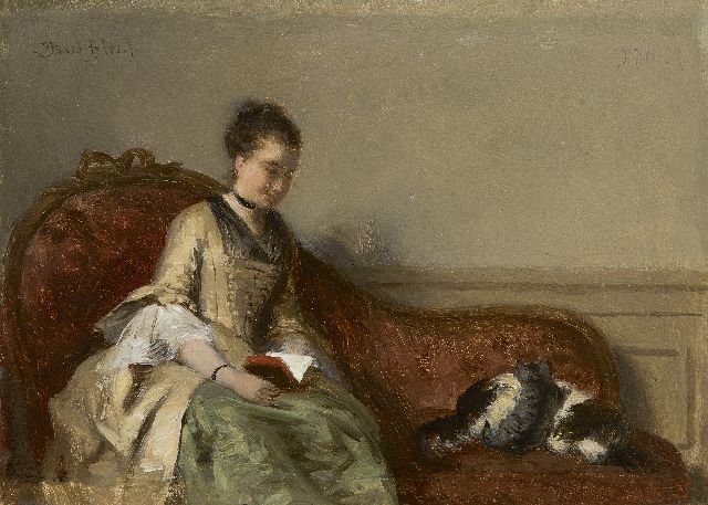 Bles D.J.  | Interior with a lady, reading, oil on panel 13.3 x 18.4 cm, signed u.l. and u.r.