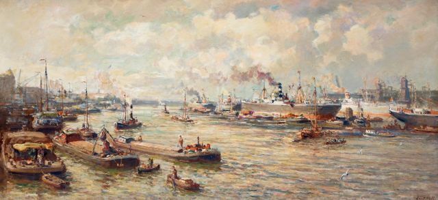 Moll E.  | The harbour of Rotterdam, oil on canvas 94.6 x 200.4 cm, signed l.r.