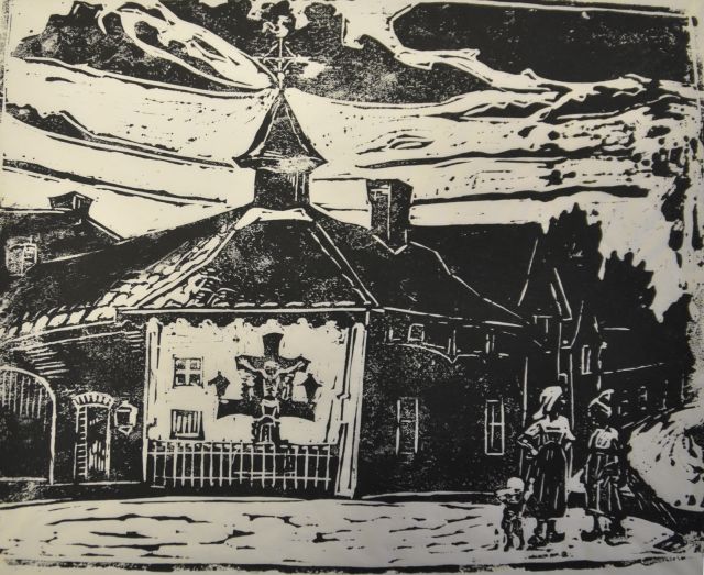 Herman Kruyder | Village church with women and child, Zuid-Limburg, woodcut on Japanese paper, 18.8 x 23.5 cm