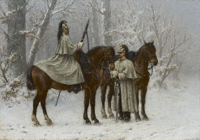 Wouter Verschuur jr. | Cavalrymen in a snowy forest, oil on canvas, 41.5 x 58.3 cm, signed c.l.