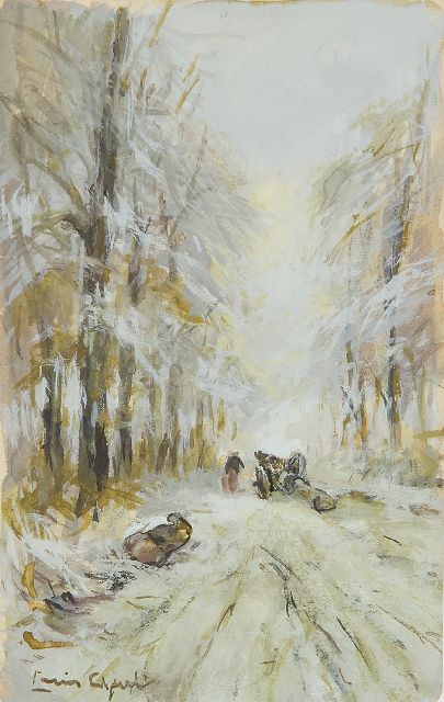 Louis Apol | Mallejan on a snowy forest path, gouache on paper, 16.9 x 10.5 cm, signed l.l.