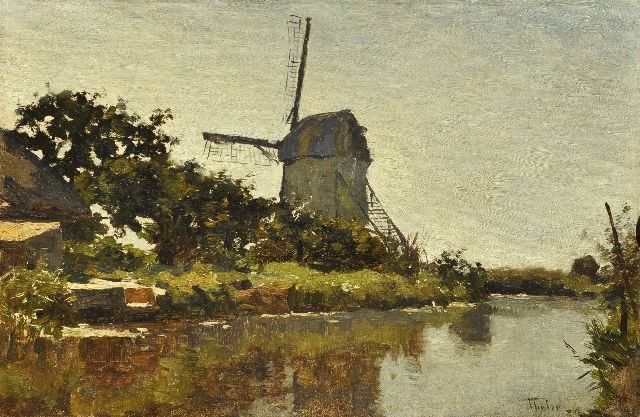 Tholen W.B.  | Windmill on a canal, oil on paper laid down on board 27.8 x 38.7 cm, signed l.r. and dated '84