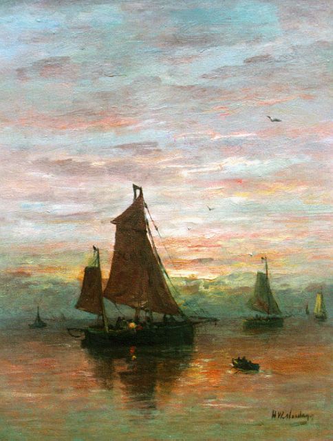 Hendrik Willem Mesdag | Sailing vessels near the coast at dusk, oil on canvas, 51.7 x 40.1 cm, signed l.r.