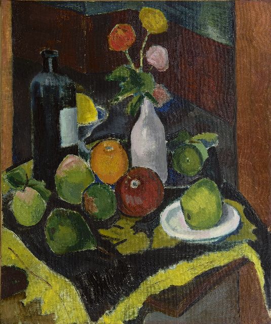 Lodewijk Schelfhout | A still life with fruit, flowers and a bottle, oil on canvas, 55.5 x 46.0 cm, signed l.r. and dated 1908