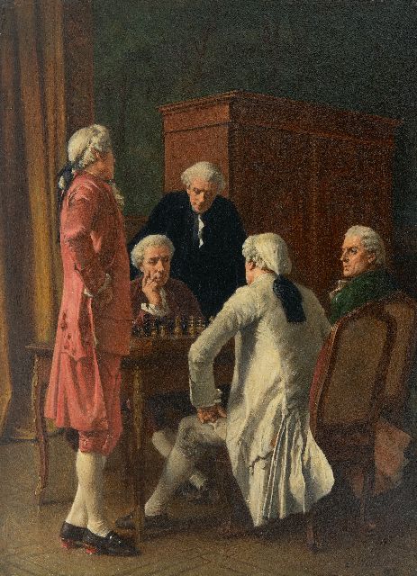 Fichel B.E.  | The chess players, oil on panel 21.8 x 16.0 cm, signed l.r. and dated 1887
