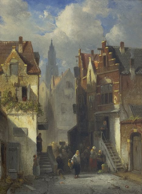 Leickert C.H.J.  | A crowded Dutch street, oil on panel 36.1 x 26.3 cm, signed l.r. and dated '91