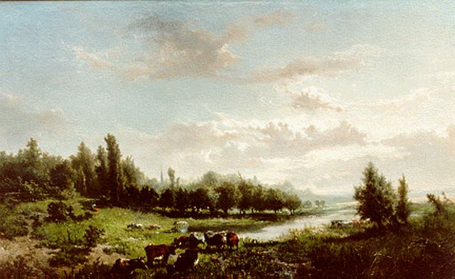 Haas J.H.L. de | An extensive River Landscape, oil on panel 46.5 x 71.0 cm, signed l.l. and dated '55